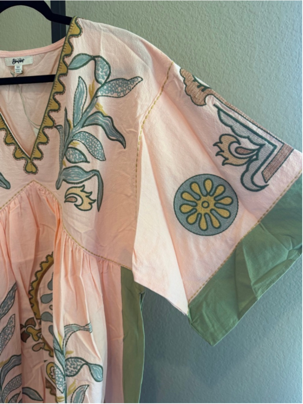 Blue Velvet Cotton/Linen Blend Embroidered Mini Dress in Salmon/Sage Size S/M - Picture 5 of 8